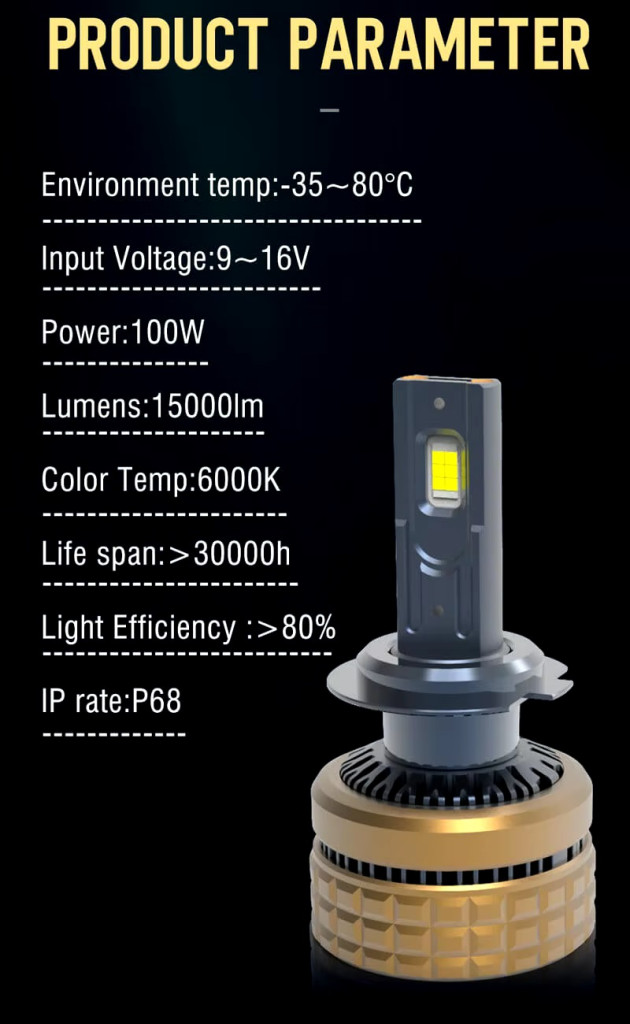 Set 2 leduri H7 H100 Canbus pentru far auto, putere 100W, luminozitate 15.000 Lm, 12V H100-H7