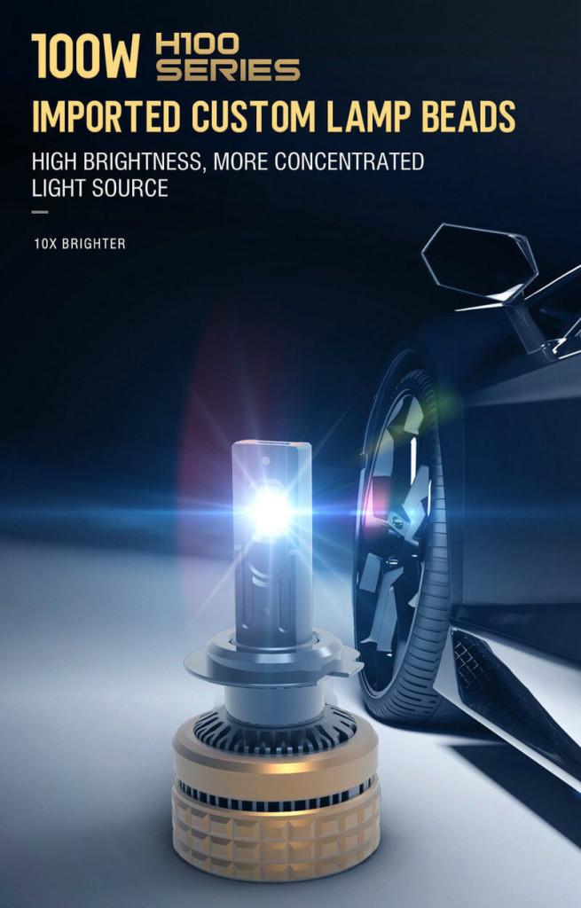 Set 2 leduri H7 H100 Canbus pentru far auto, putere 100W, luminozitate 15.000 Lm, 12V H100-H7
